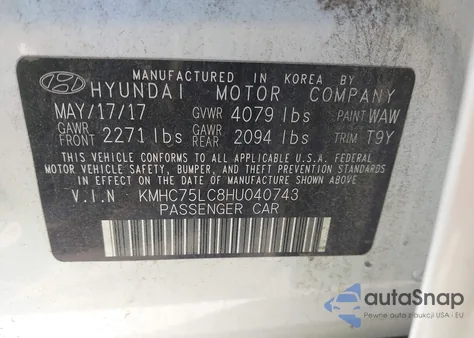 2017 Hyundai Ioniq Hybrid Sel from USA, damaged, VIN KMHC75LC8HU040743